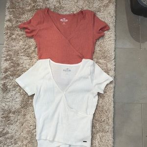 Hollister ribbed wrap tee!! size small; pink and white; so soft!